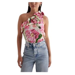 Express Pink Floral One Shoulder Tank Top Ruffle M NWT